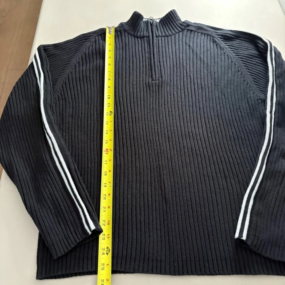 American Rag Mens XL Black Ribbed Quarter Zip Sweater Stripe Sleeve Mock Neck